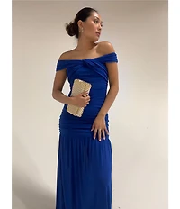 Lulus Harper Ruched Off-The-Shoulder Drop Waist Mesh Maxi Dress