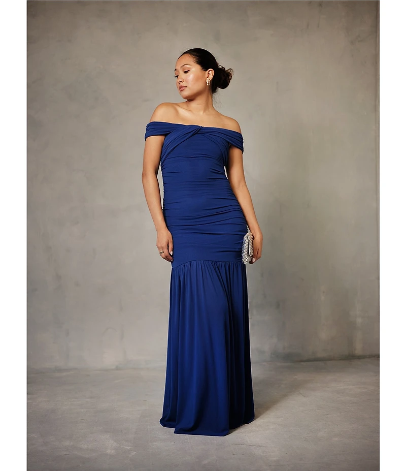 Lulus Harper Ruched Off-The-Shoulder Drop Waist Mesh Maxi Dress