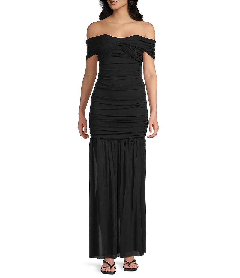 Lulus Harper Ruched Off-The-Shoulder Drop Waist Mesh Maxi Dress