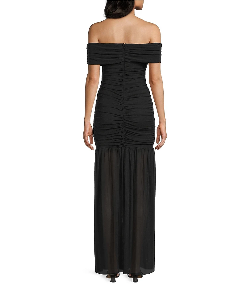 Lulus Harper Ruched Off-The-Shoulder Drop Waist Mesh Maxi Dress