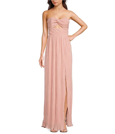 Lulus Majestic Strapless Cut-out Satin Plisse Long Dress
