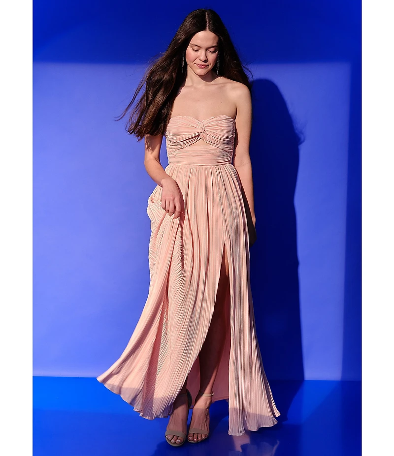 Lulus Majestic Strapless Cut-out Satin Plisse Long Dress