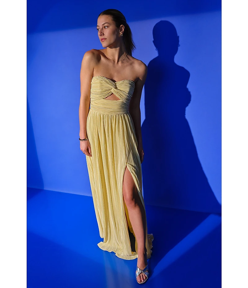 Lulus Majestic Strapless Cut-out Satin Plisse Long Dress
