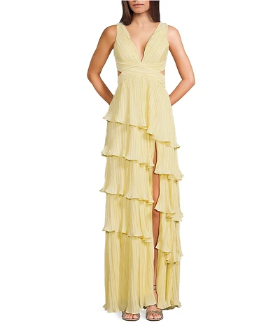 Lulus Mulholland Cutout Plisse Ruffle Maxi Dress