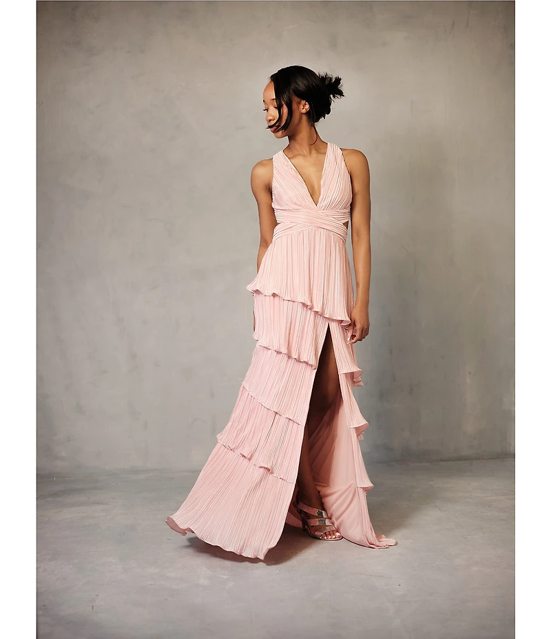 Lulus Mulholland Cutout Plisse Ruffle Maxi Dress