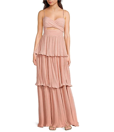 Lulus Plisse Fortuna Tiered Sweetheart Neckline Cut Out Long Dress