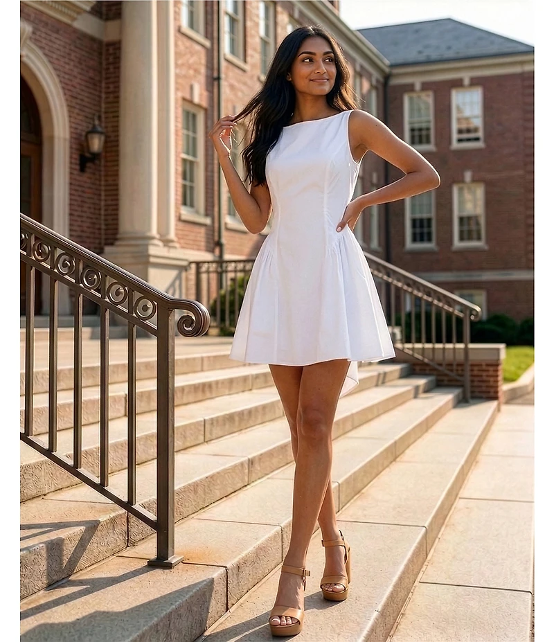 Lulus Romilly Poplin Boat Neck Sleeveless Bow Back Mini Dress