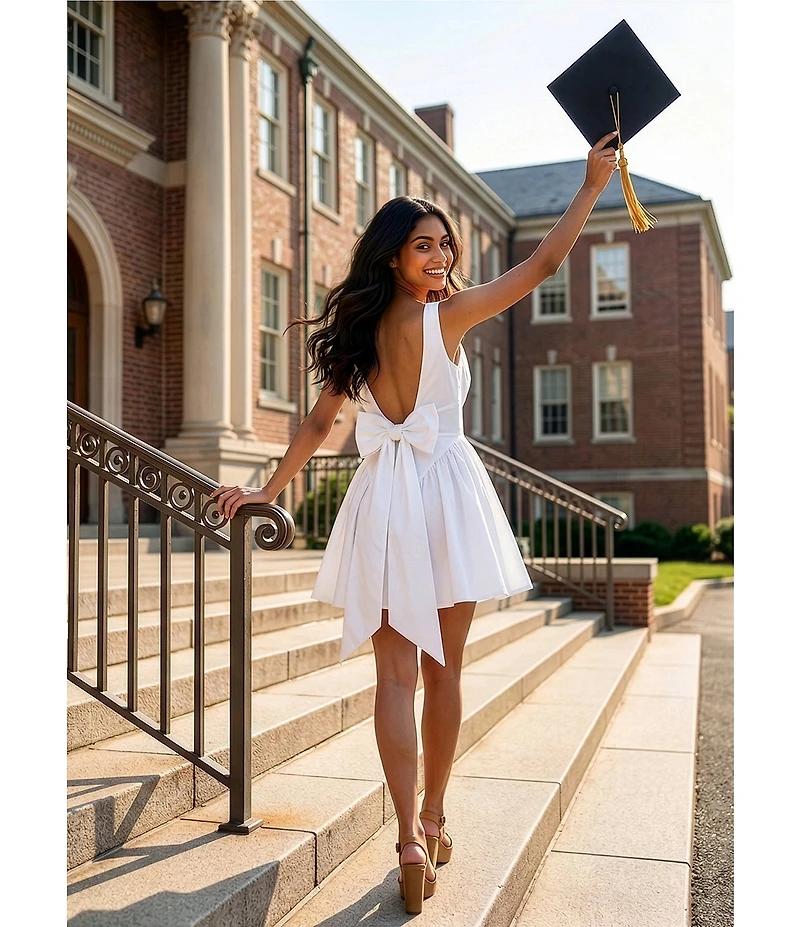 Lulus Romilly Poplin Boat Neck Sleeveless Bow Back Mini Dress