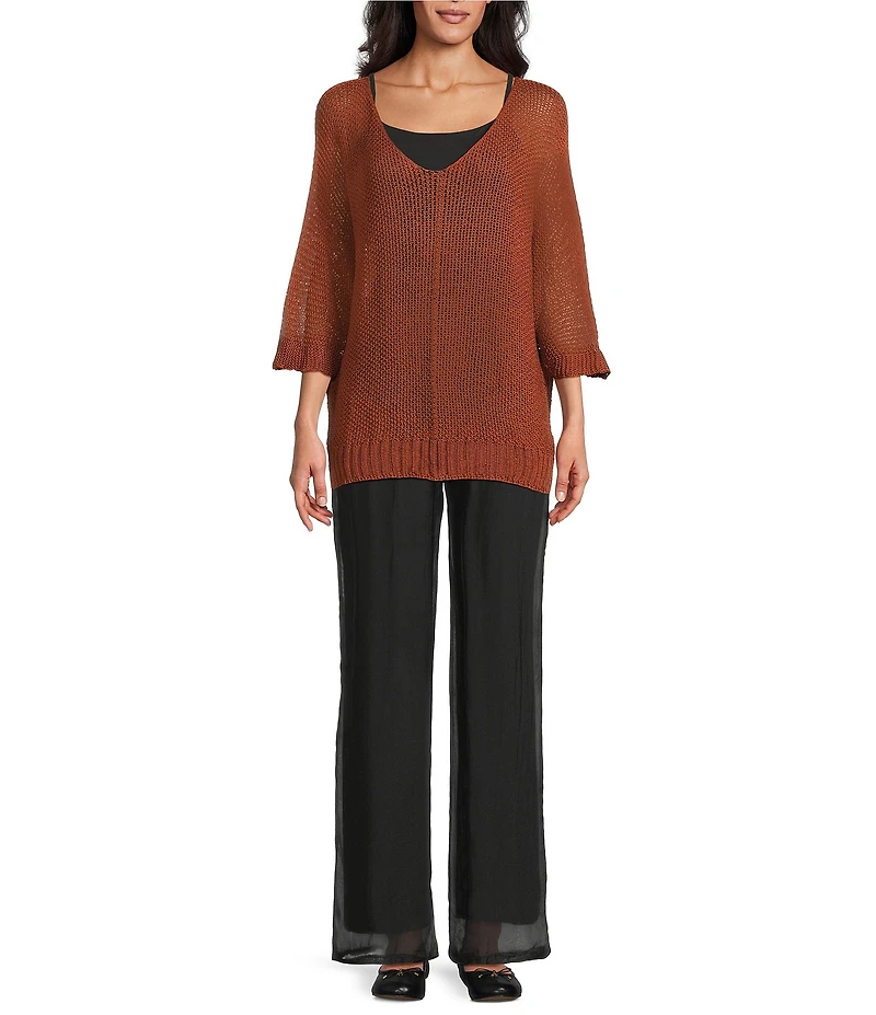 M Made in Italy Knit V-Neck 3/4 Sleeve Mid Gauge Sweater Top