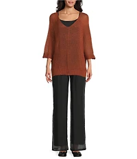 M Made in Italy Knit V-Neck 3/4 Sleeve Mid Gauge Sweater Top