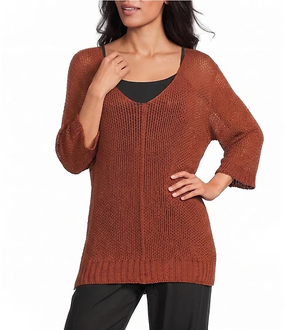 M Made in Italy Knit V-Neck 3/4 Sleeve Mid Gauge Sweater Top