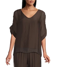 M Made in Italy Woven Silk V-Neck 3/4 Sleeve High/Low Hem Top