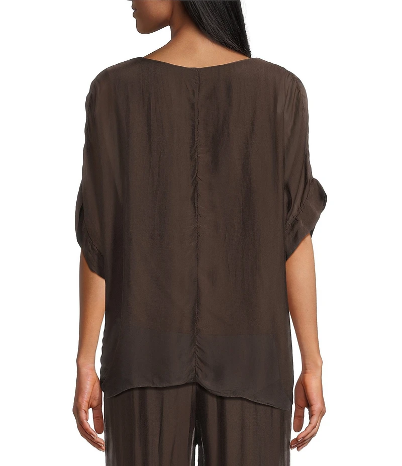 M Made in Italy Woven Silk V-Neck 3/4 Sleeve High/Low Hem Top