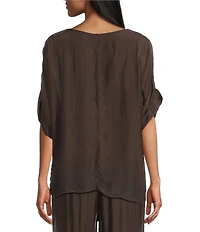 M Made in Italy Woven Silk V-Neck 3/4 Sleeve High/Low Hem Top