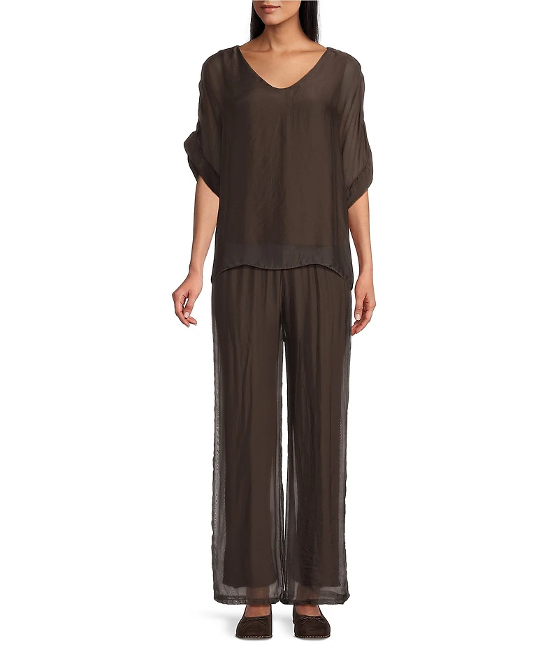 M Made in Italy Woven Silk V-Neck 3/4 Sleeve High/Low Hem Top