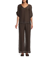 M Made in Italy Woven Silk V-Neck 3/4 Sleeve High/Low Hem Top