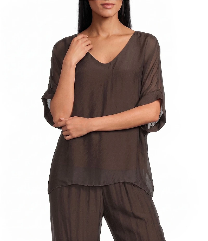 M Made in Italy Woven Silk V-Neck 3/4 Sleeve High/Low Hem Coordinating Top