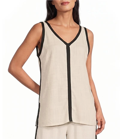 M Made In Italy Coordinating Linen Blend Colorblock V-Neck Sleeveless Top