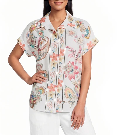 M Made in Italy Coordinating Linen Blend Floral Point Collar Short Sleeve Button Front Tunic