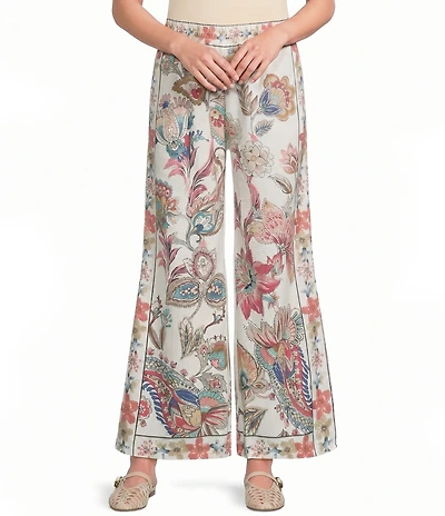 M Made in Italy Coordinating Linen Blend Floral Pull-On Wide Leg Pants