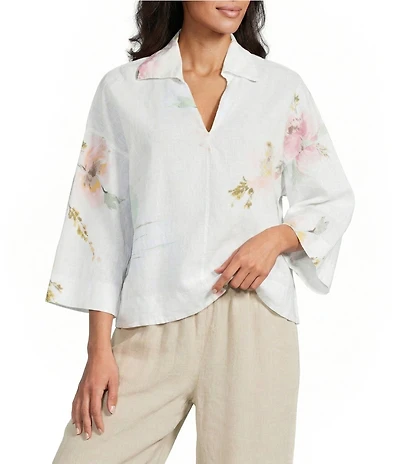 M Made In Italy Coordinating Linen Blend Floral Spread Collar 3/4 Sleeve Pullover Top