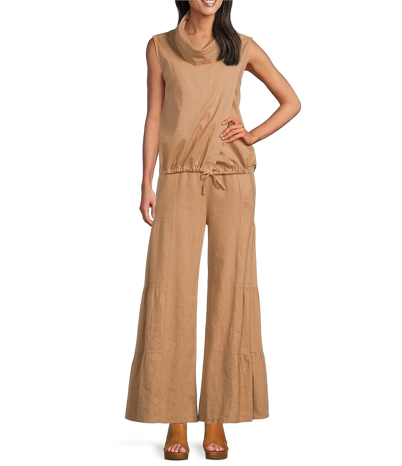 M Made In Italy Coordinating Mixed Media Linen Blend Wide leg Tiered Pants