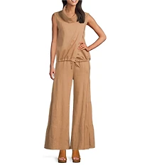 M Made In Italy Coordinating Mixed Media Linen Blend Wide leg Tiered Pants