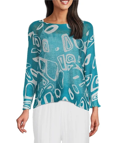 M Made In Italy Cotton Blend Printed Knit Boat Neck Long Bat Sleeve Top