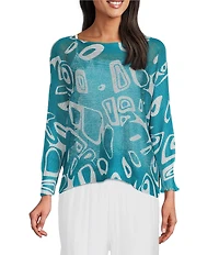M Made In Italy Cotton Blend Printed Knit Boat Neck Long Bat Sleeve Top