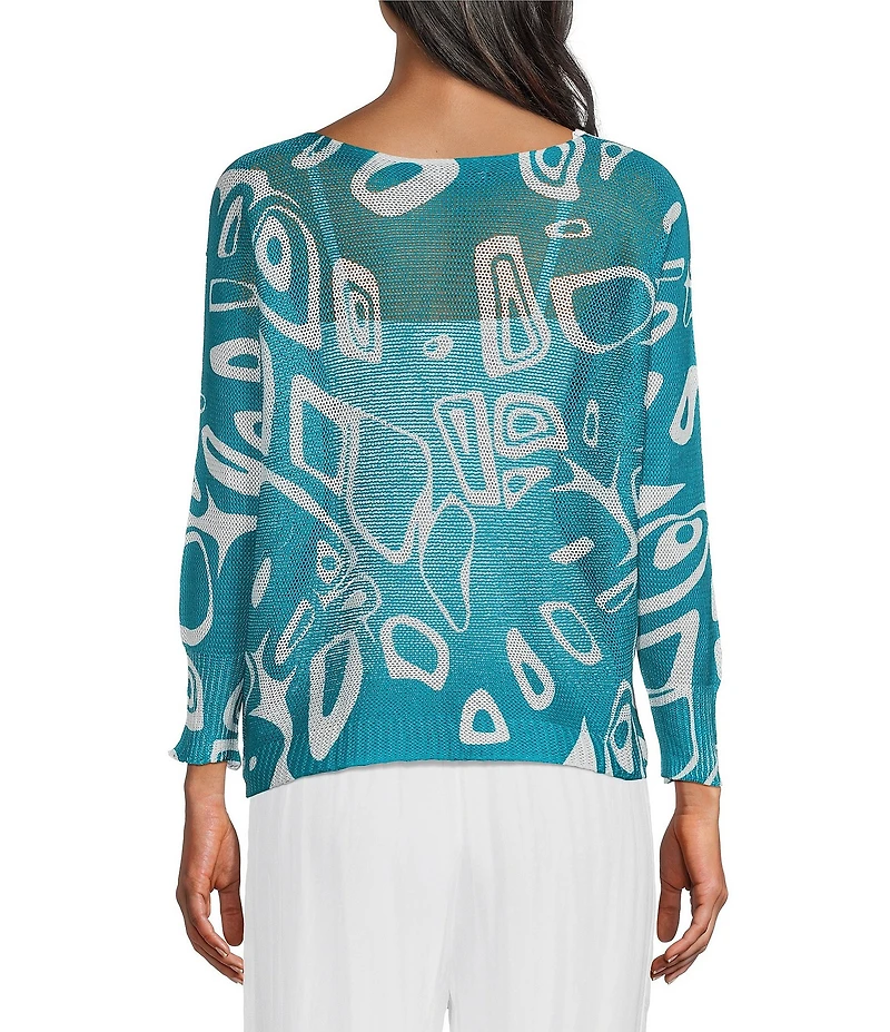 M Made In Italy Cotton Blend Printed Knit Boat Neck Long Bat Sleeve Top