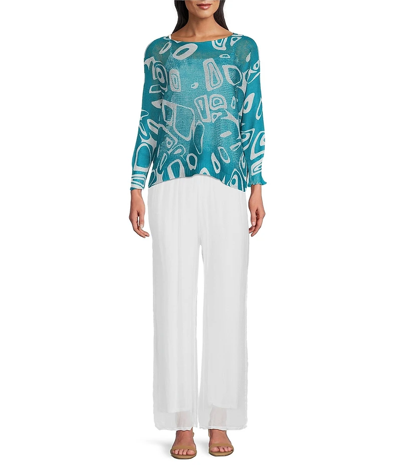 M Made In Italy Cotton Blend Printed Knit Boat Neck Long Bat Sleeve Top