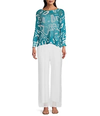 M Made In Italy Cotton Blend Printed Knit Boat Neck Long Bat Sleeve Top