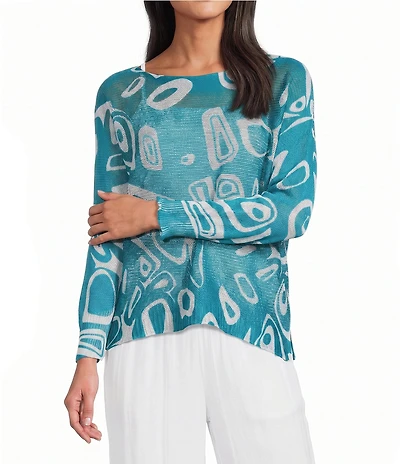 M Made In Italy Cotton Blend Printed Knit Boat Neck Long Bat Sleeve Top