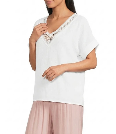 M Made In Italy Cotton Crochet Sequin V-Neck Short Sleeve High-Low Top