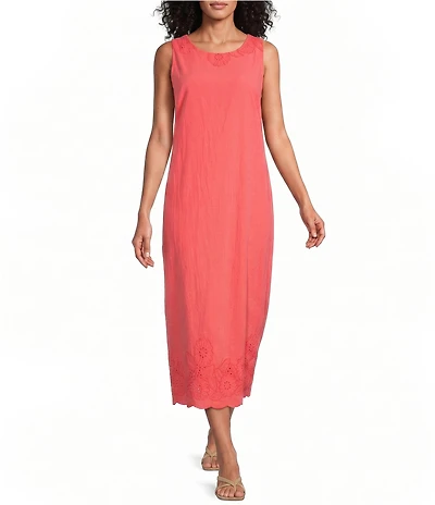 M Made In Italy Cotton Embroidered Eyelet Border Scoop Neck Sleeveless Maxi Shift Dress