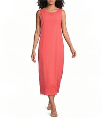 M Made In Italy Cotton Embroidered Eyelet Border Scoop Neck Sleeveless Maxi Shift Dress