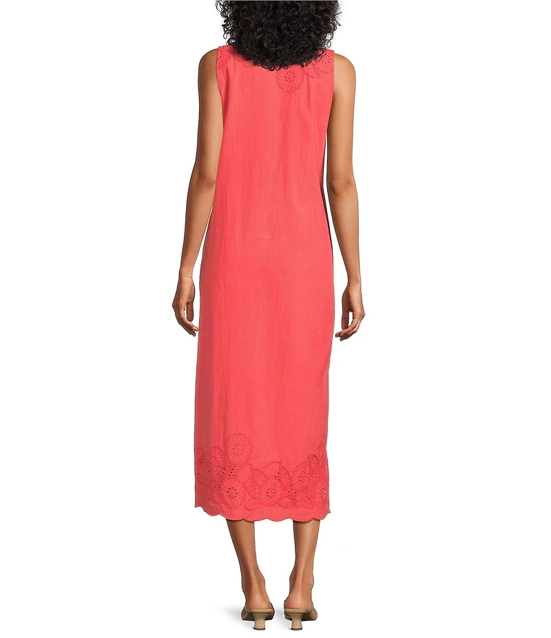 M Made In Italy Cotton Embroidered Eyelet Border Scoop Neck Sleeveless Maxi Shift Dress