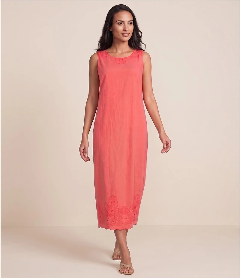 M Made in Italy Cotton Embroidered Eyelet Border Scoop Neck Sleeveless Maxi Shift Dress