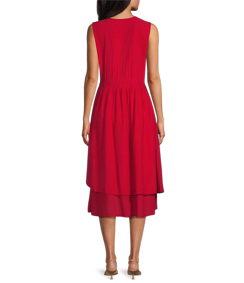 M Made in Italy Cotton Faux Wrap V-Neck Sleeveless Layered Midi Dress