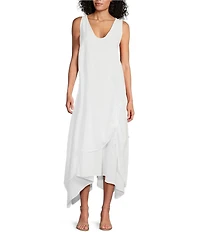 M Made in Italy Cotton Gauze V-Neck Sleeveless Layered Ruched Drawstring Midi A-Line Dress
