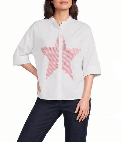 M Made in Italy Cotton Stripe Star Stand Collar Long Roll-Tab Sleeve High-Low Button Front Shirt