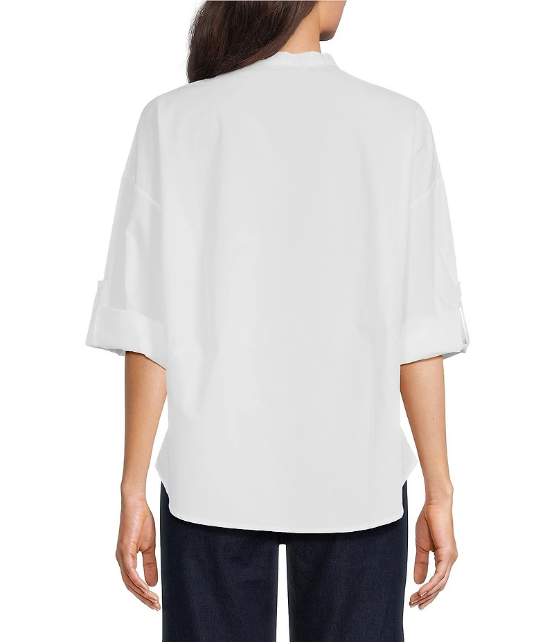 M Made in Italy Cotton Stripe Star Stand Collar Long Roll-Tab Sleeve High-Low Button Front Shirt