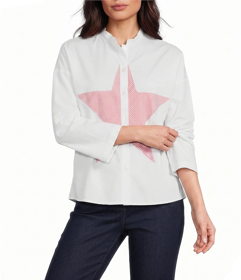 M Made in Italy Cotton Stripe Star Stand Collar Long Roll-Tab Sleeve High-Low Button Front Shirt