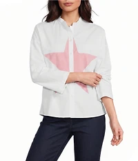 M Made in Italy Cotton Stripe Star Stand Collar Long Roll-Tab Sleeve High-Low Button Front Shirt