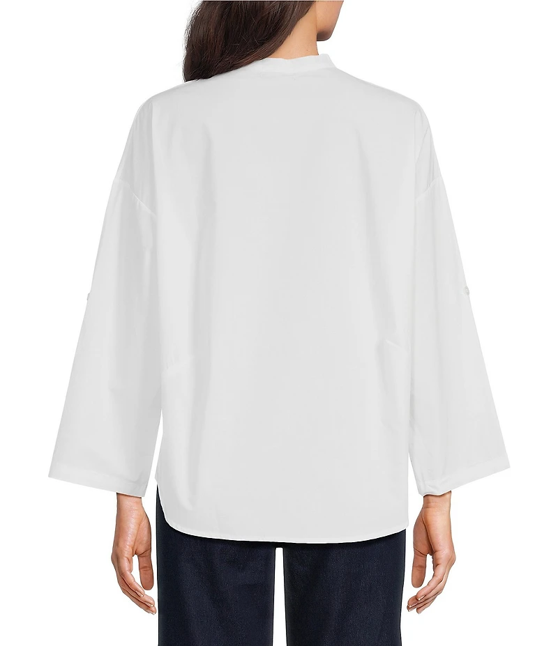 M Made in Italy Cotton Stripe Star Stand Collar Long Roll-Tab Sleeve High-Low Button Front Shirt