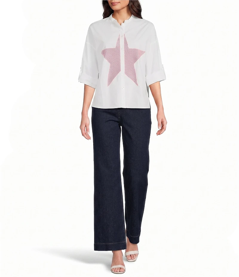 M Made in Italy Cotton Stripe Star Stand Collar Long Roll-Tab Sleeve High-Low Button Front Shirt