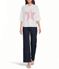 M Made in Italy Cotton Stripe Star Stand Collar Long Roll-Tab Sleeve High-Low Button Front Shirt