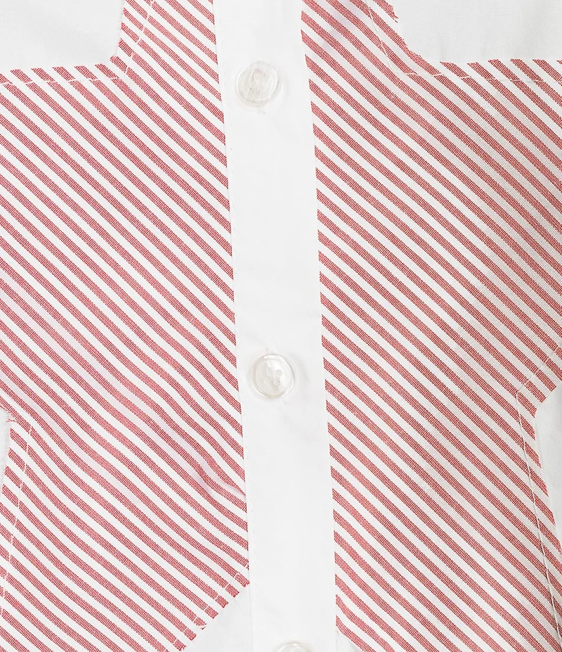 M Made in Italy Cotton Stripe Star Stand Collar Long Roll-Tab Sleeve High-Low Button Front Shirt
