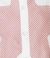 M Made in Italy Cotton Stripe Star Stand Collar Long Roll-Tab Sleeve High-Low Button Front Shirt