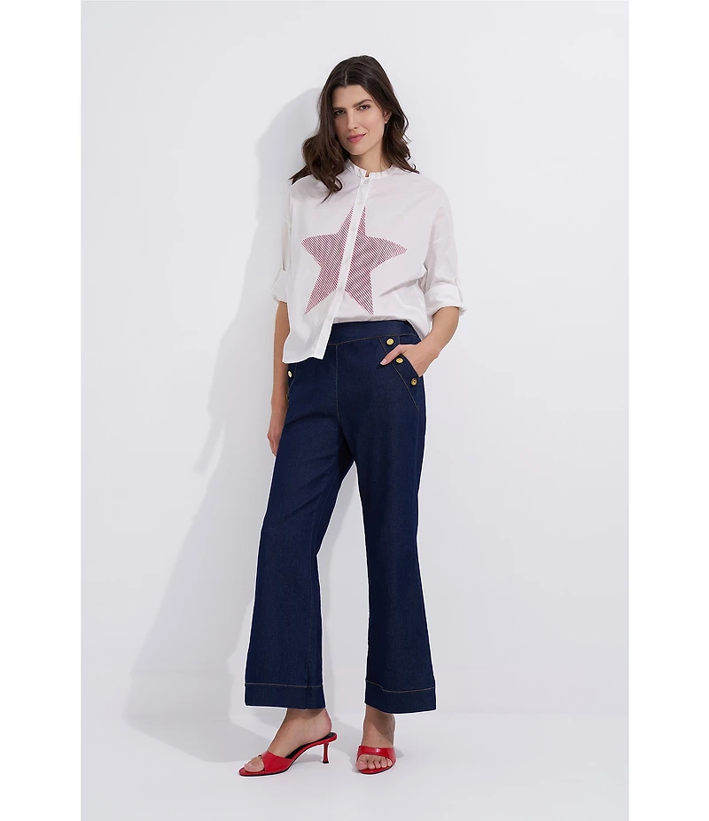 M Made in Italy Cotton Stripe Star Stand Collar Long Roll-Tab Sleeve High-Low Button Front Shirt